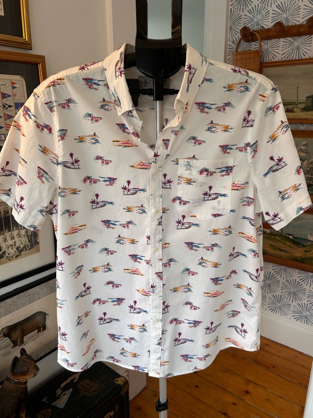 Men's Original Penguin White St Tropez Print Short Sleeve Shirt